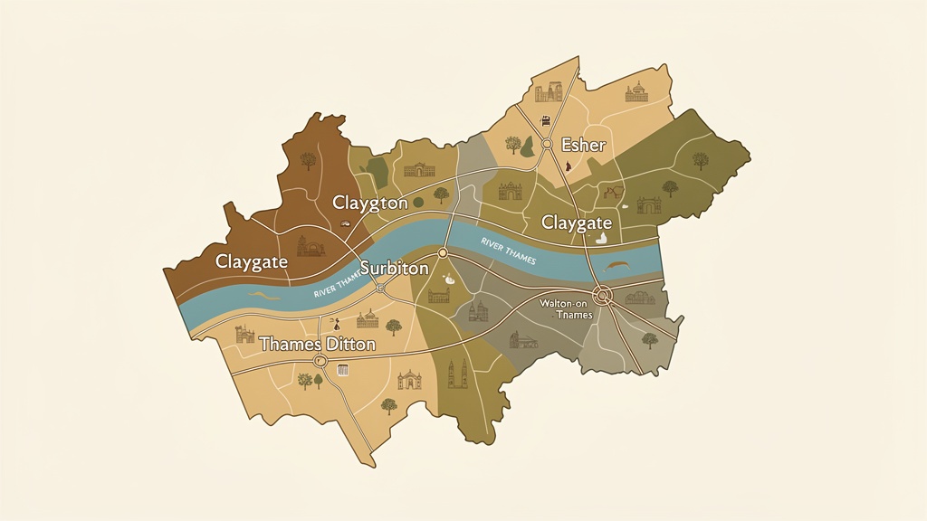 Map of Elmbridge borough showing Esher, Claygate, Surbiton and Thames Ditton