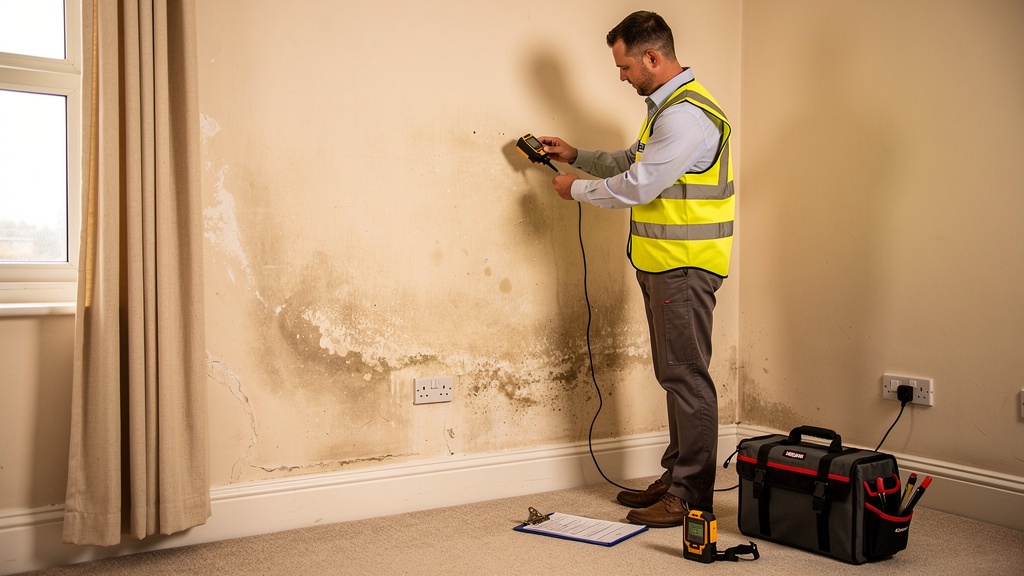 Surveyor using moisture meter to check for damp on an interior wall of a Surrey home