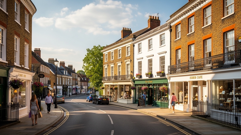 Esher high street with period architecture and boutique shops in Surrey