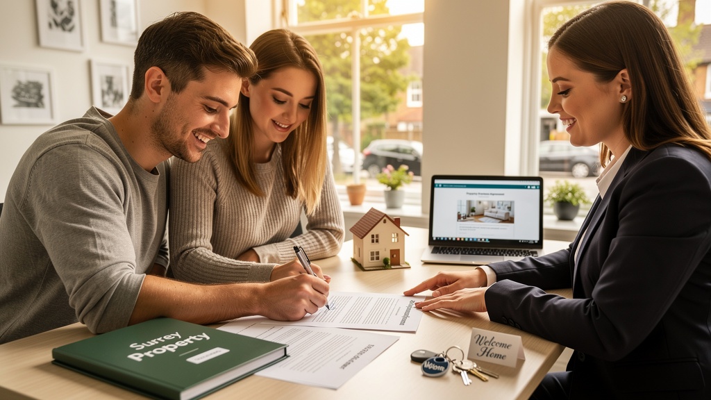 First-time home buyers signing property purchase documents in Surrey