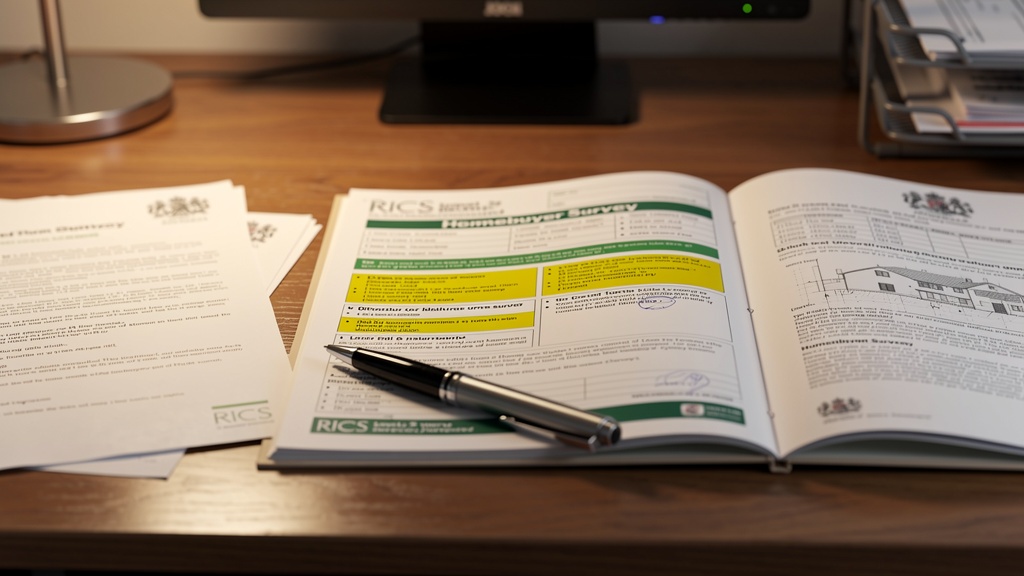 RICS Level 2 homebuyer survey report laid open on a desk in Surrey