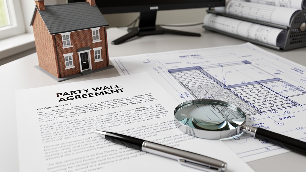 Party wall agreement documents and architectural drawings on a surveyor's desk in Surrey