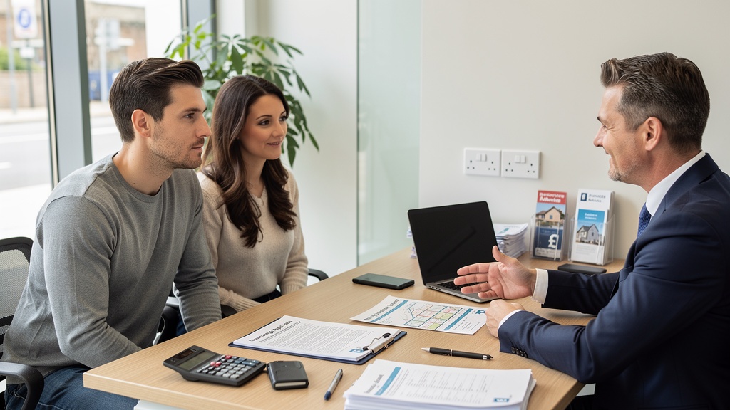 Couple reviewing remortgage documents and property valuation report with advisor at a Surrey office