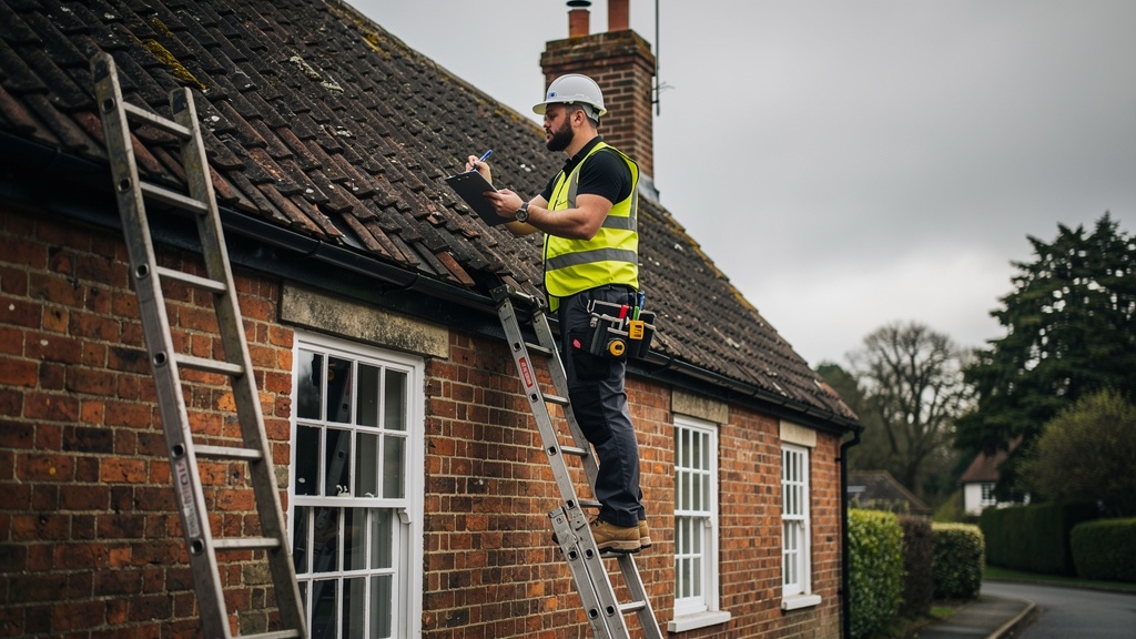 Surveyor inspecting roof tiles on a traditional British period property in Surrey