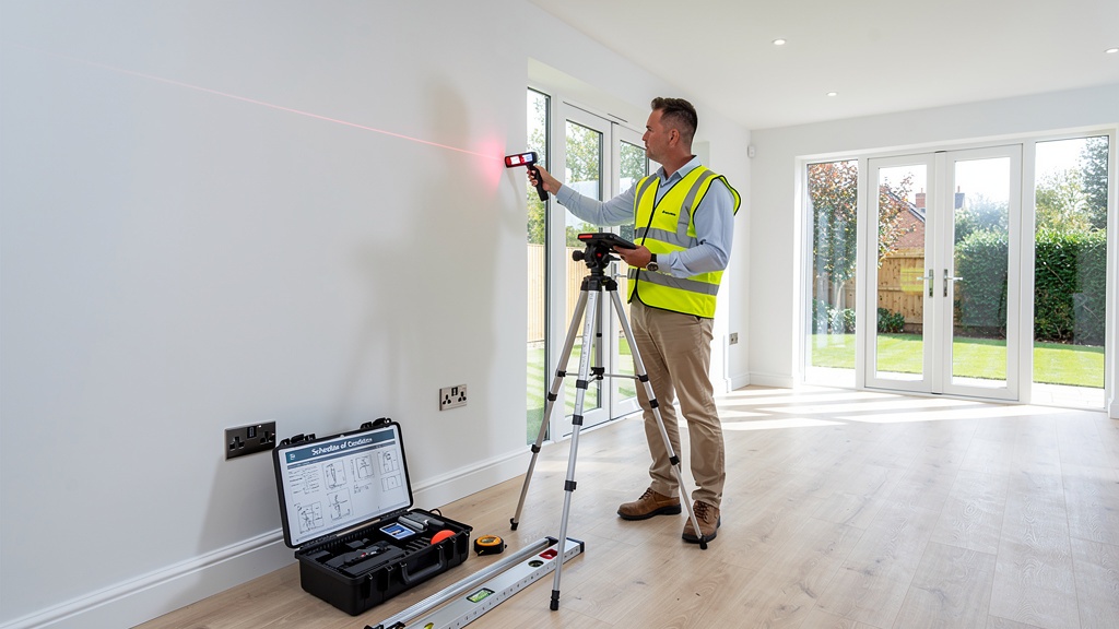 Surveyor completing a schedule of condition report at a Surrey property