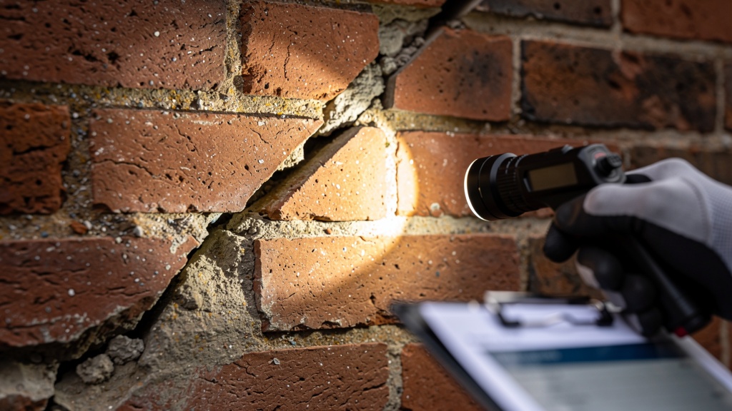 Chartered surveyor with torch inspecting a diagonal crack in brick wall of a Surrey property