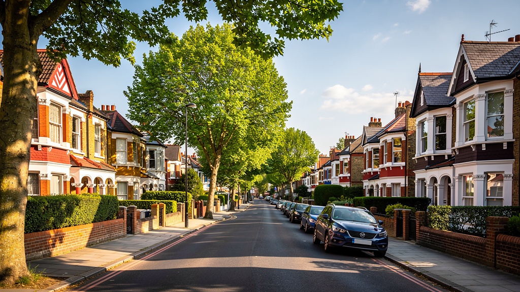 Tree-lined residential street in Surbiton Surrey showing Edwardian and Victorian houses