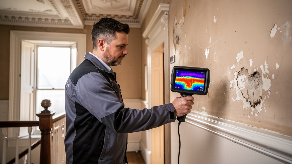 Surveyor using a thermal imaging camera to detect hidden damp and cold spots in a Surrey property