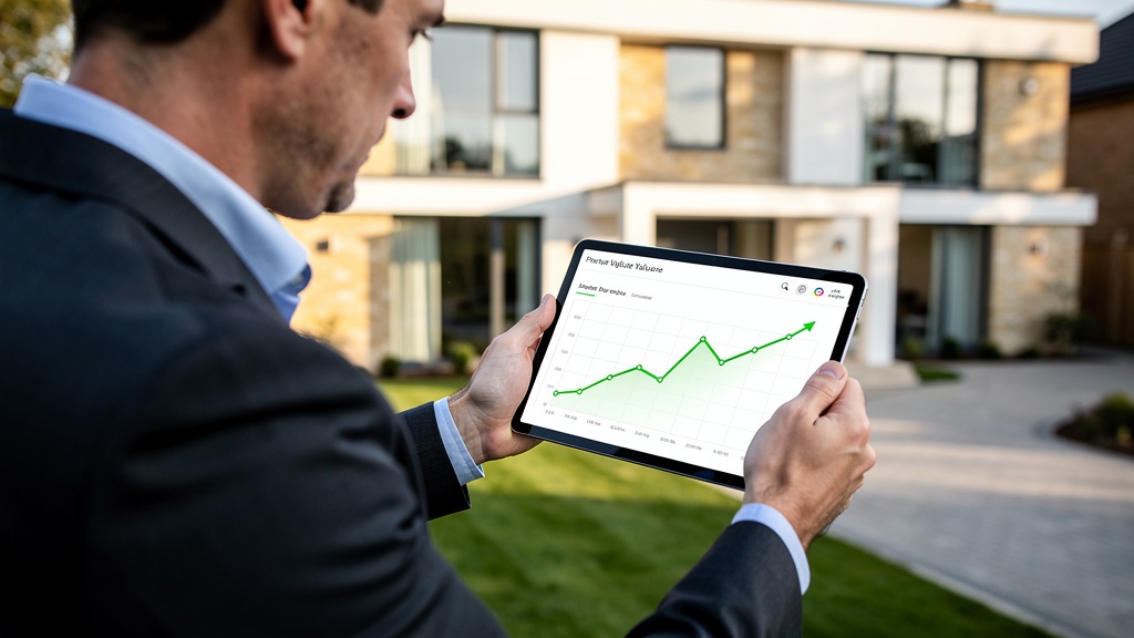 Surveyor reviewing property valuation data on a tablet in front of an Esher home