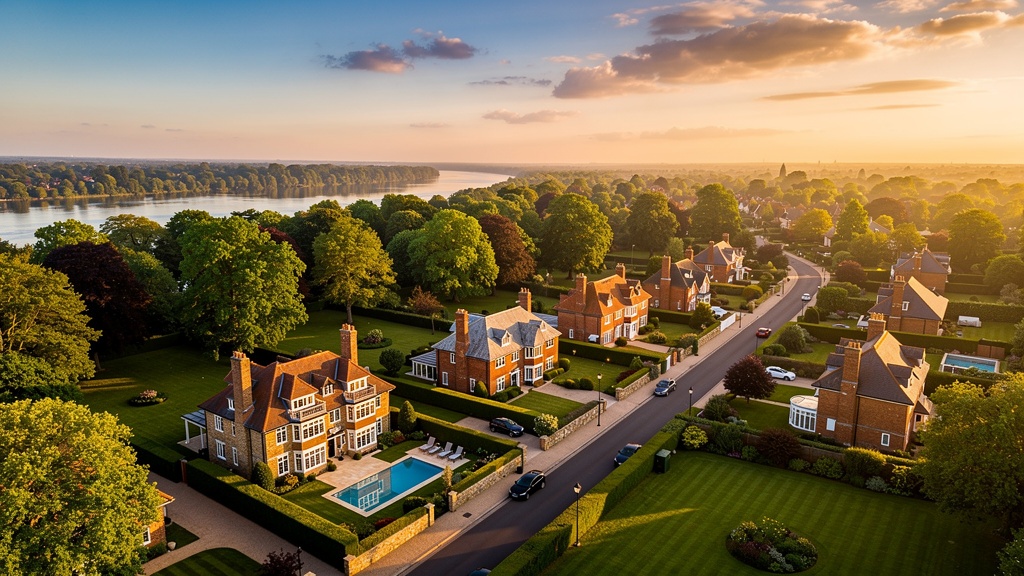 Aerial view of Esher and surrounding Elmbridge area in Surrey