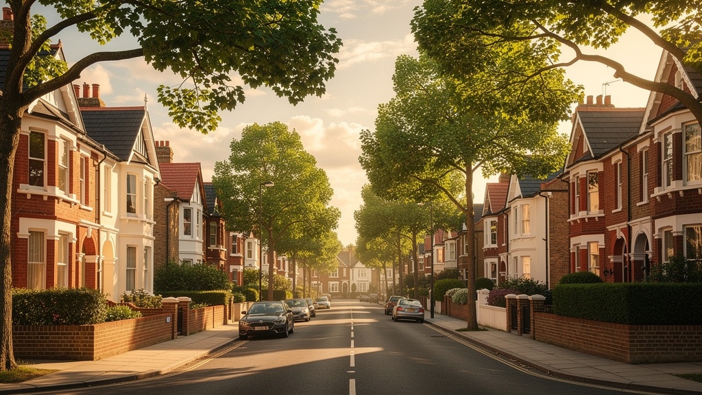Tree-lined residential street with Victorian and Edwardian homes in Surrey