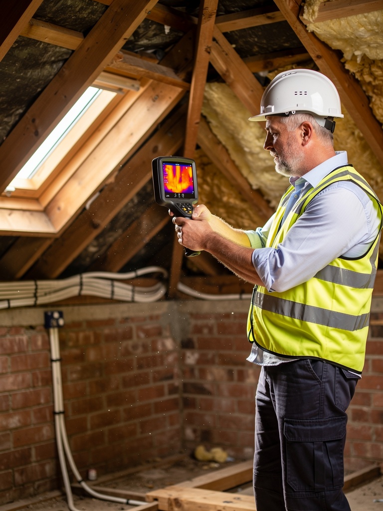 Robert Hale, senior building surveyor at Esher Surveyors, inspecting a roof with specialist equipment