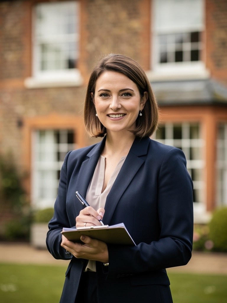 Sarah Okafor, residential surveyor at Esher Surveyors, standing outside a Surrey property
